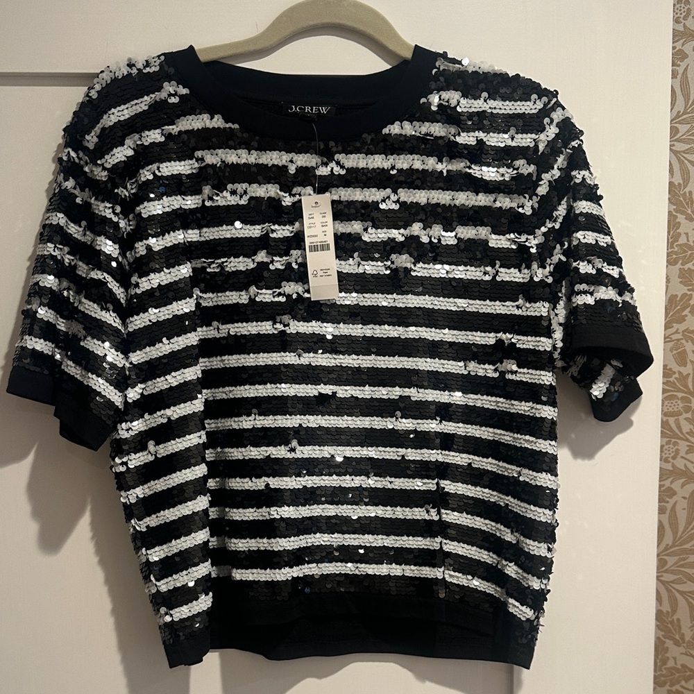 NWT JCrew Black and White Striped cotton and Sequin Tee